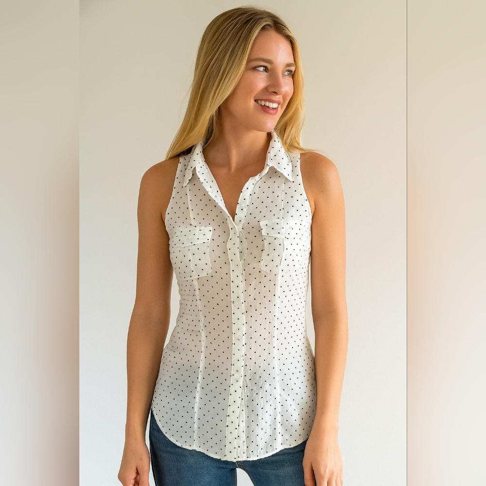 White House Black Market White Polka Dot Button Down Shirt